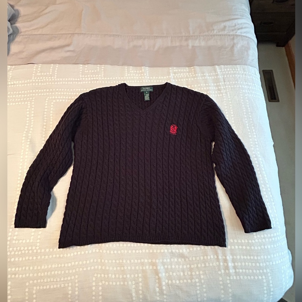 LAUREN Ralph Lauren Black Classic Cotton Cable Knit Sweater - Sz M - EUC